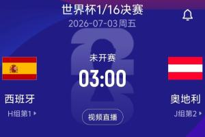 1/16決賽對陣：H1西班牙對陣J2奧地利！北京時間7月3日3:00開球