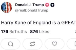 美國總統特朗普發文：英格蘭的哈裏·凱恩是一個偉大的球員！！！